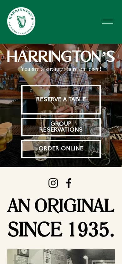 Harrington's Bar & Grill website on mobile